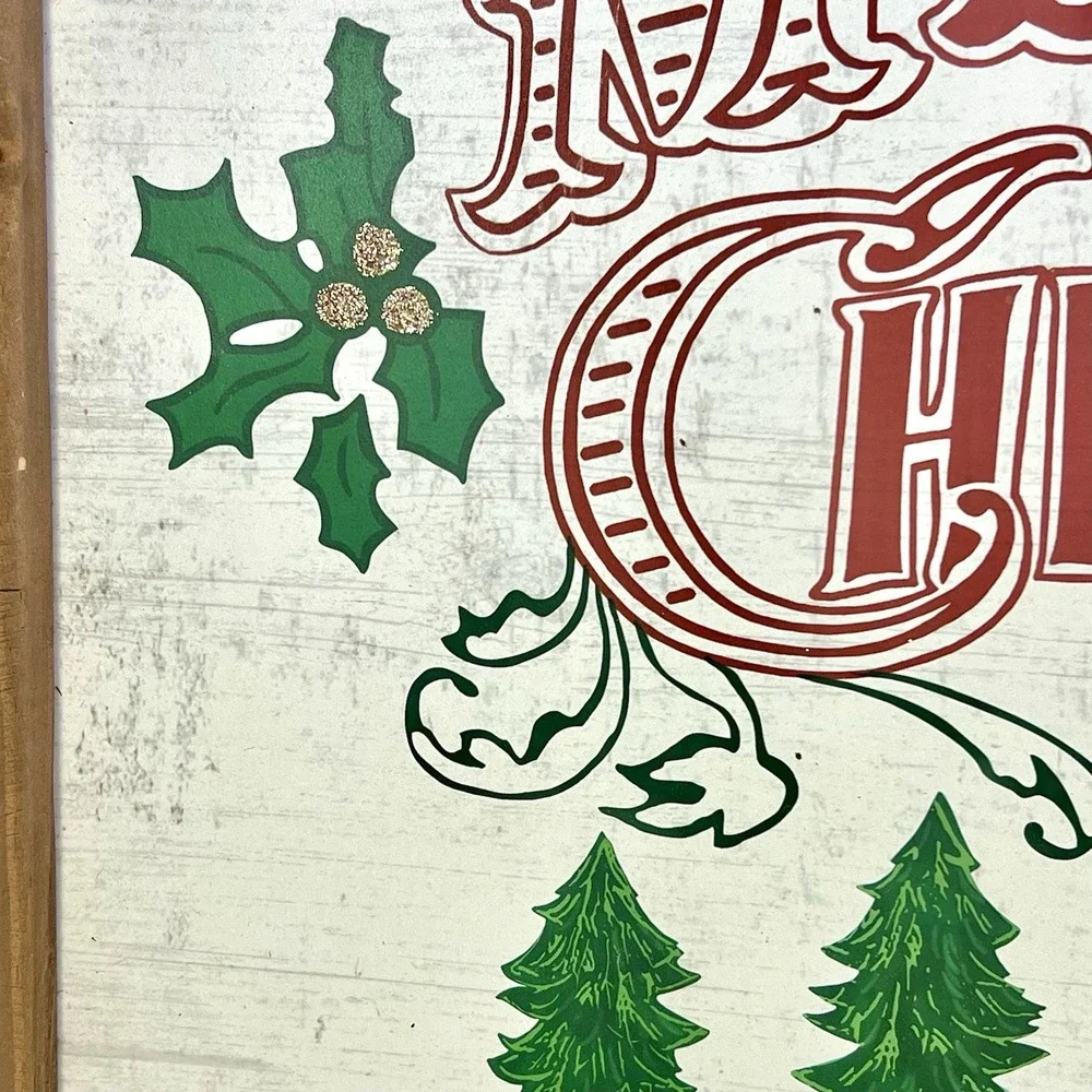 Pier 1 Folk Art Merry Christmas Wood Frame Wall Art Decor Rustic Cottage 12x17.5